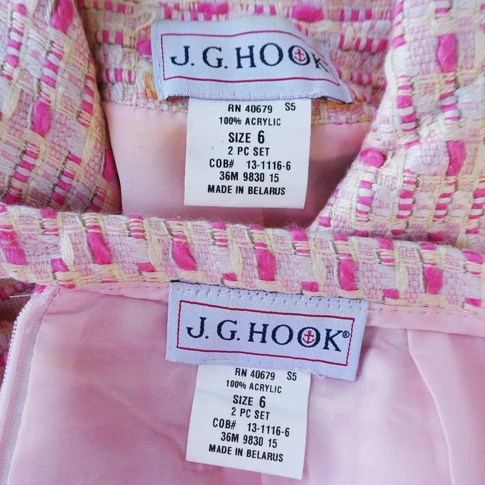 Vintage JG Hook 2pc Skirt Suit Set Pink 3D Tweed Floral Etched Buttons Lined - Picture 12 of 12
